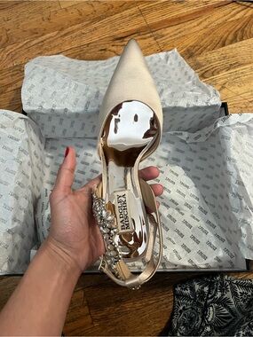 Badgley Mischka Champagne Satin Pointed Toe Slingback with Crystal Embellishment
